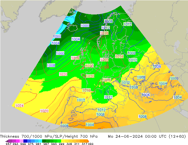 Thck 700-1000 hPa UK-Global lun 24.06.2024 00 UTC