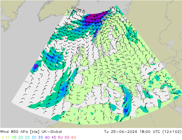 Wind 850 hPa UK-Global Tu 25.06.2024 18 UTC