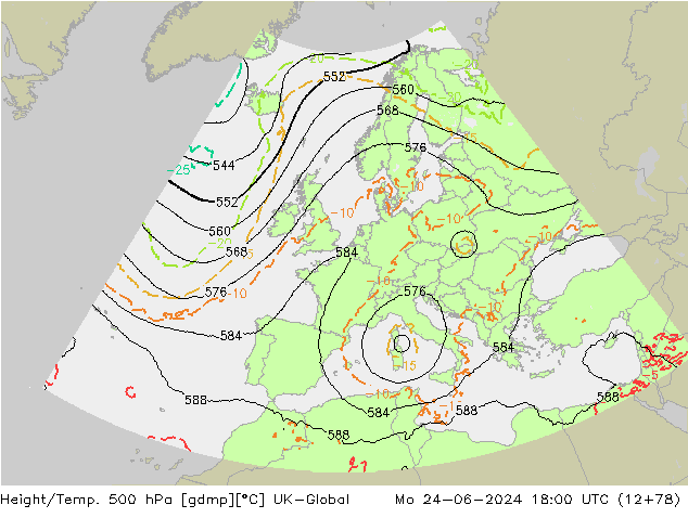 Height/Temp. 500 hPa UK-Global Mo 24.06.2024 18 UTC