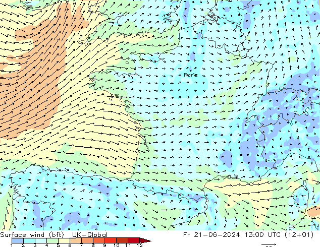 Surface wind (bft) UK-Global Fr 21.06.2024 13 UTC