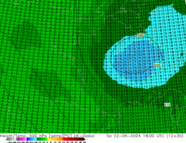 Height/Temp. 500 гПа UK-Global сб 22.06.2024 18 UTC