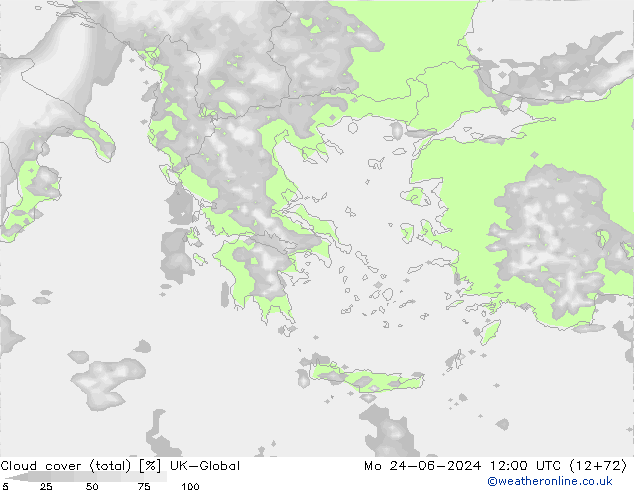 Cloud cover (total) UK-Global Mo 24.06.2024 12 UTC