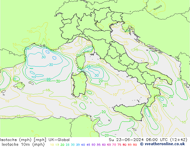 Isotachs (mph) UK-Global Вс 23.06.2024 06 UTC