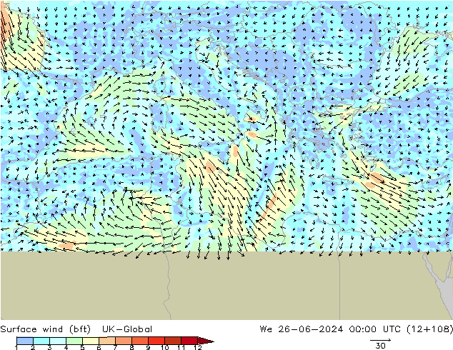 Viento 10 m (bft) UK-Global mié 26.06.2024 00 UTC