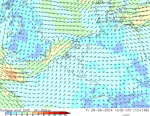 Vento 10 m (bft) UK-Global Sex 28.06.2024 12 UTC