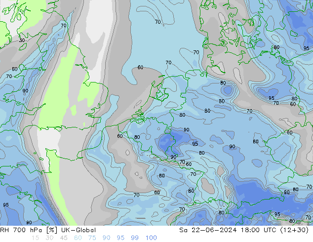 Humedad rel. 700hPa UK-Global sáb 22.06.2024 18 UTC