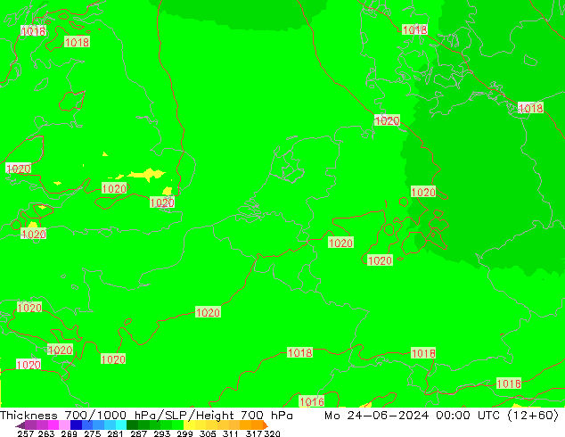 Espesor 700-1000 hPa UK-Global lun 24.06.2024 00 UTC