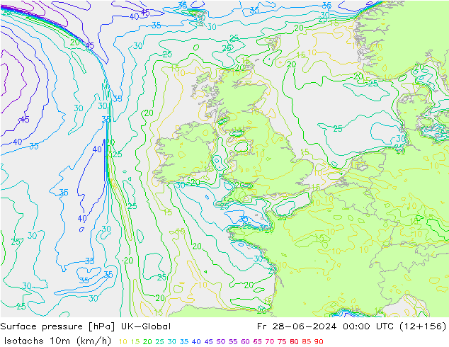 Izotacha (km/godz) UK-Global pt. 28.06.2024 00 UTC