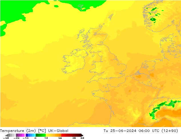 Temperature (2m) UK-Global Tu 25.06.2024 06 UTC