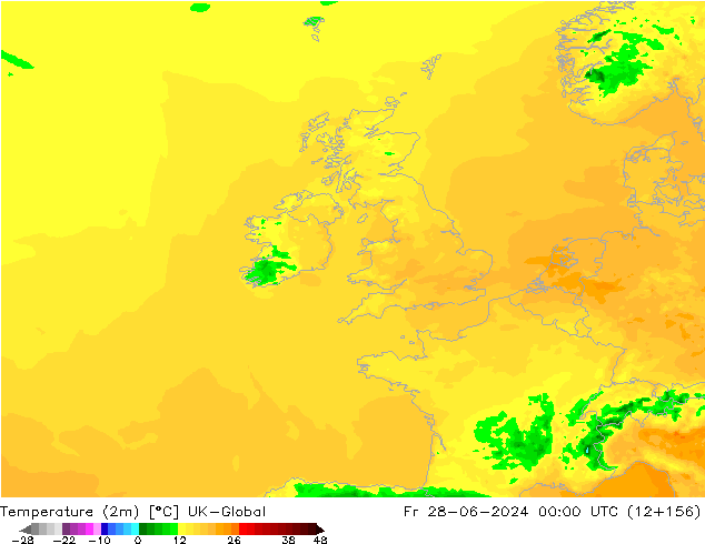 Temperatura (2m) UK-Global ven 28.06.2024 00 UTC