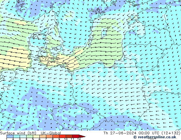 Vento 10 m (bft) UK-Global Qui 27.06.2024 00 UTC
