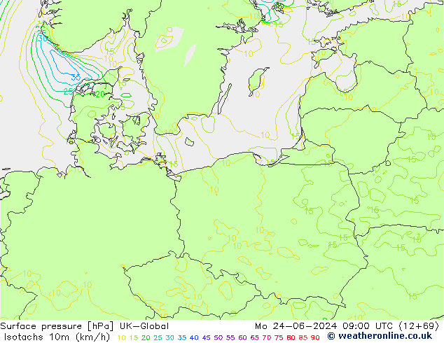 Isotachs (kph) UK-Global Mo 24.06.2024 09 UTC