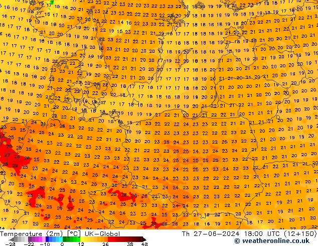 Temperatuurkaart (2m) UK-Global do 27.06.2024 18 UTC