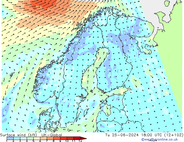 Surface wind (bft) UK-Global Tu 25.06.2024 18 UTC