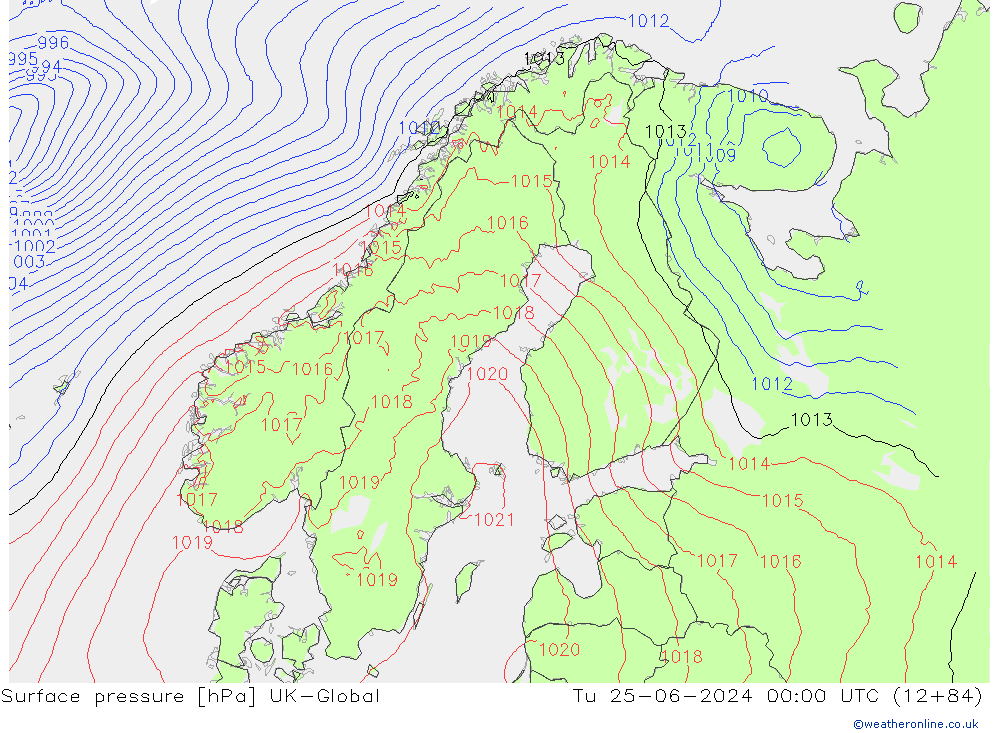 Surface pressure UK-Global Tu 25.06.2024 00 UTC