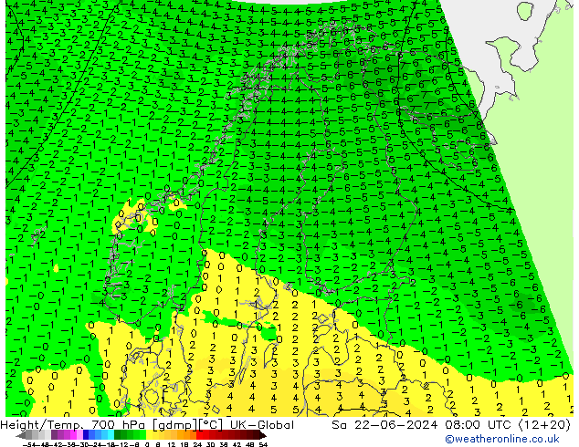 Height/Temp. 700 hPa UK-Global 星期六 22.06.2024 08 UTC