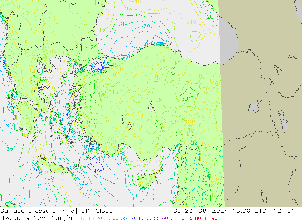 Isotachen (km/h) UK-Global zo 23.06.2024 15 UTC