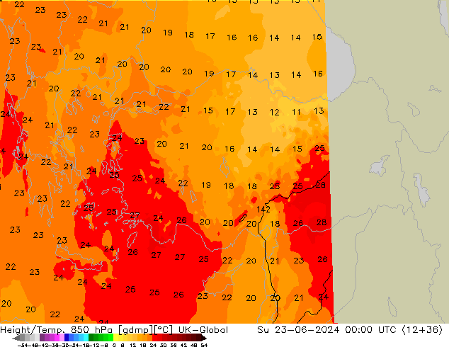 Height/Temp. 850 hPa UK-Global nie. 23.06.2024 00 UTC