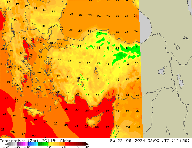 Temperature (2m) UK-Global Su 23.06.2024 03 UTC