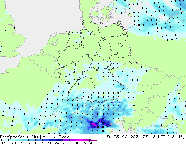 Precipitation (12h) UK-Global Su 23.06.2024 18 UTC