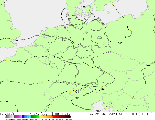 Height/Temp. 950 hPa UK-Global Sáb 22.06.2024 00 UTC