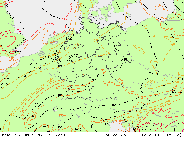 Theta-e 700hPa UK-Global Su 23.06.2024 18 UTC