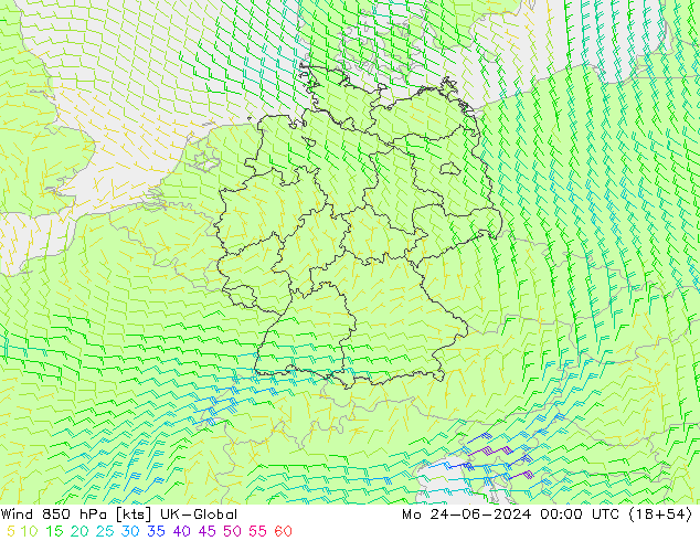 Wind 850 hPa UK-Global ma 24.06.2024 00 UTC