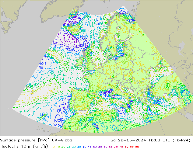 Isotachen (km/h) UK-Global Sa 22.06.2024 18 UTC