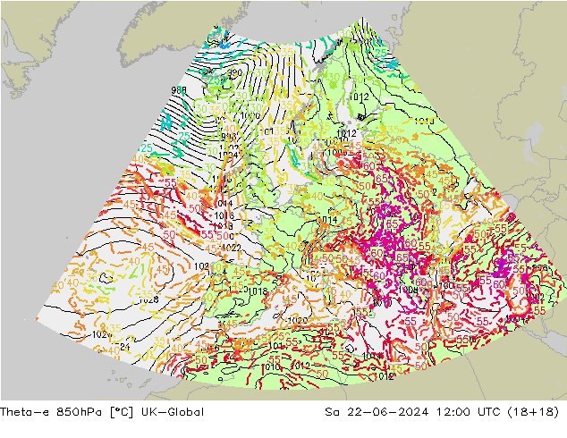Theta-e 850hPa UK-Global Sáb 22.06.2024 12 UTC