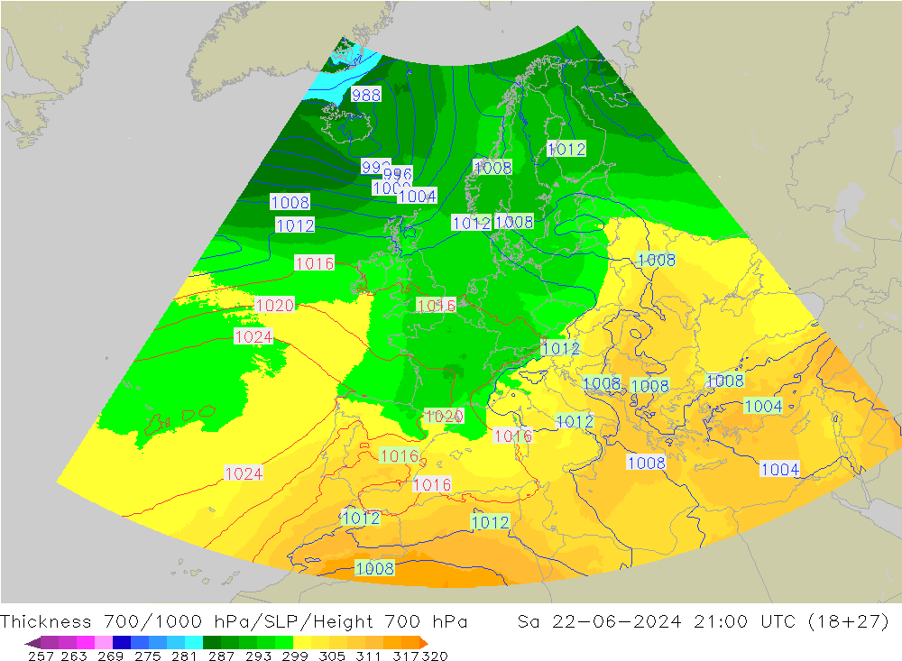 Thck 700-1000 hPa UK-Global Sa 22.06.2024 21 UTC