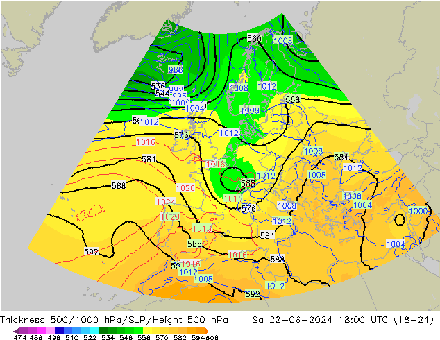 Thck 500-1000hPa UK-Global sam 22.06.2024 18 UTC