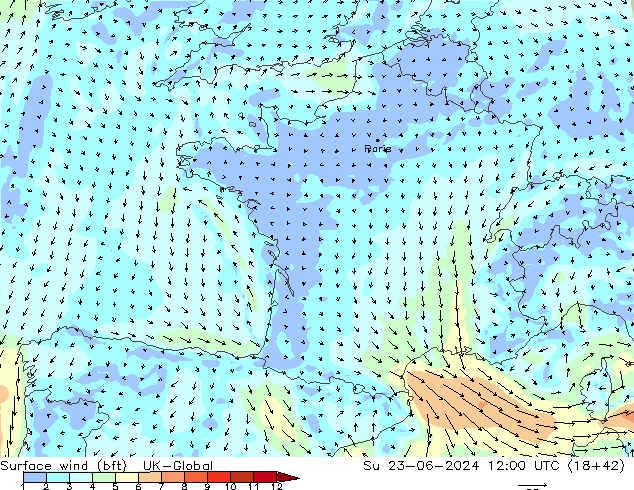 Wind 10 m (bft) UK-Global zo 23.06.2024 12 UTC