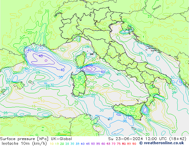 Eşrüzgar Hızları (km/sa) UK-Global Paz 23.06.2024 12 UTC
