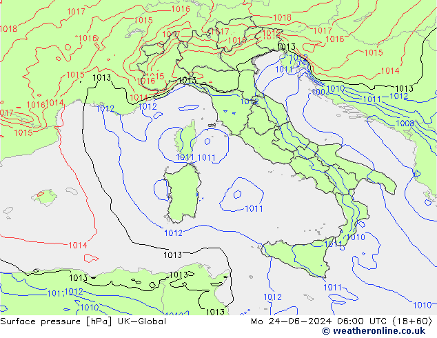 Surface pressure UK-Global Mo 24.06.2024 06 UTC