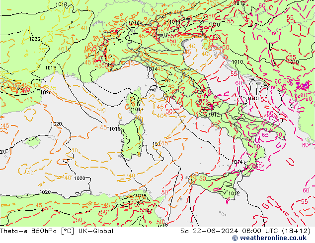 Theta-e 850hPa UK-Global Cts 22.06.2024 06 UTC