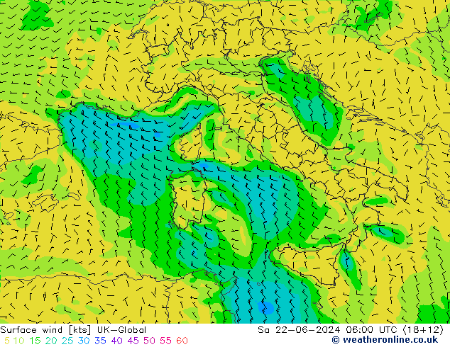 Wind 10 m UK-Global za 22.06.2024 06 UTC