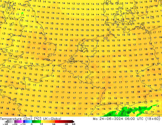 Temperature (2m) UK-Global Po 24.06.2024 06 UTC