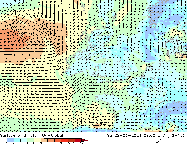 Wind 10 m (bft) UK-Global za 22.06.2024 09 UTC