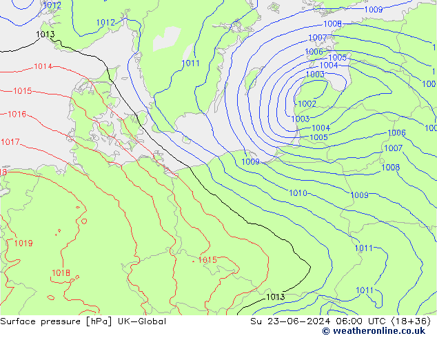 Pressione al suolo UK-Global dom 23.06.2024 06 UTC