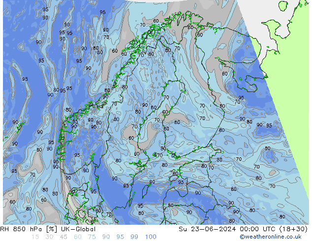 RH 850 hPa UK-Global nie. 23.06.2024 00 UTC