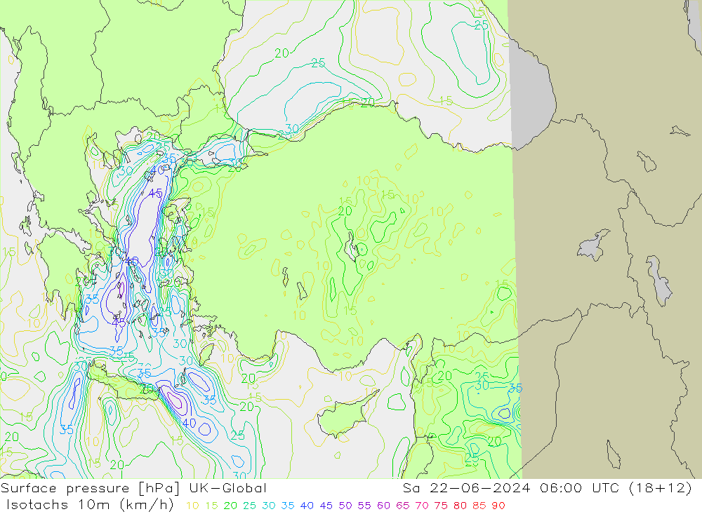 Isotachs (kph) UK-Global Sa 22.06.2024 06 UTC