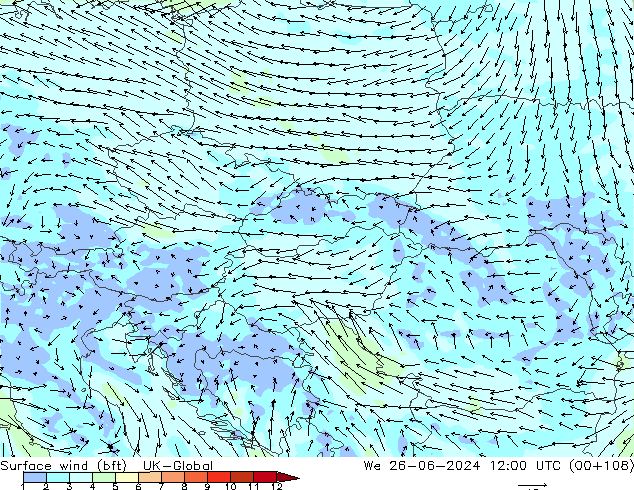 Rüzgar 10 m (bft) UK-Global Çar 26.06.2024 12 UTC