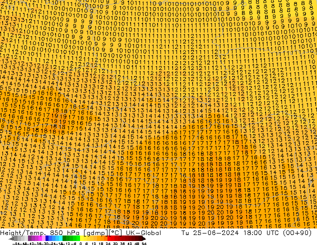 Height/Temp. 850 hPa UK-Global Di 25.06.2024 18 UTC