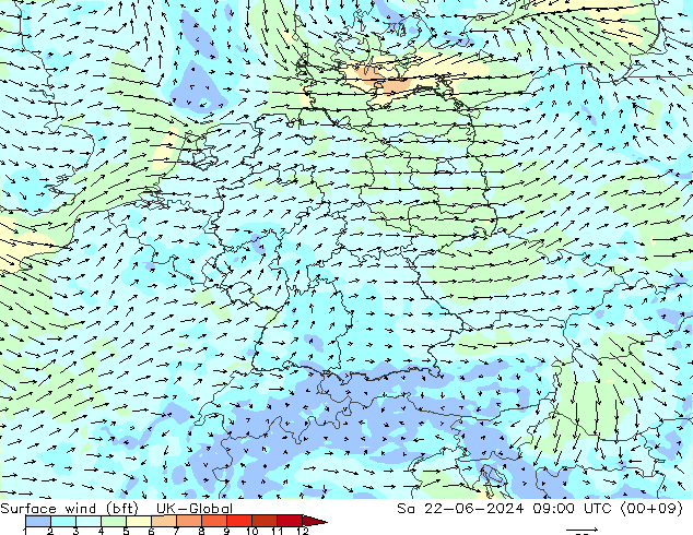 Wind 10 m (bft) UK-Global za 22.06.2024 09 UTC
