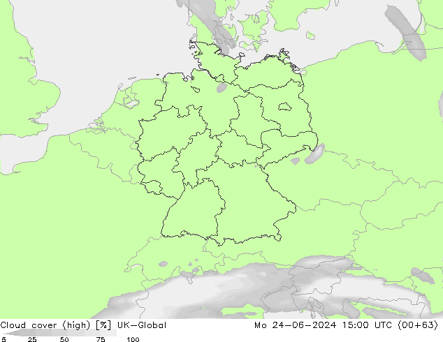 Cloud cover (high) UK-Global Mo 24.06.2024 15 UTC