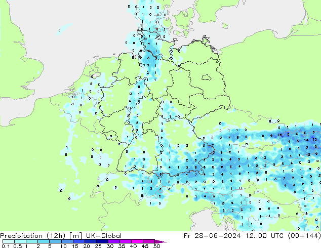 Precipitation (12h) UK-Global Fr 28.06.2024 00 UTC