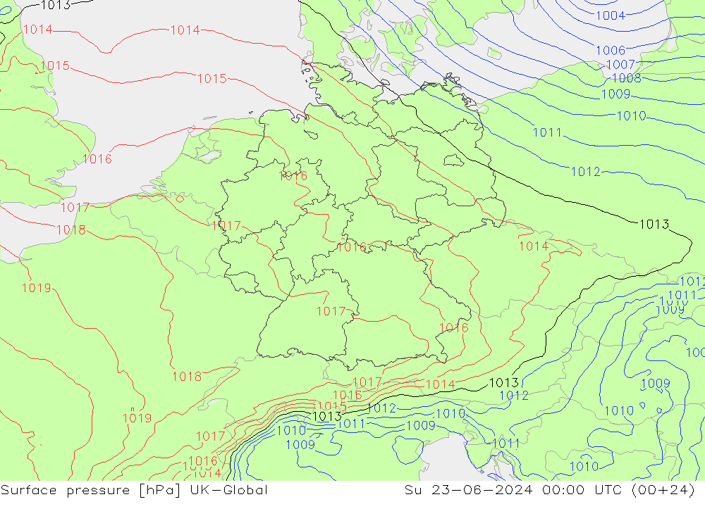 Atmosférický tlak UK-Global Ne 23.06.2024 00 UTC