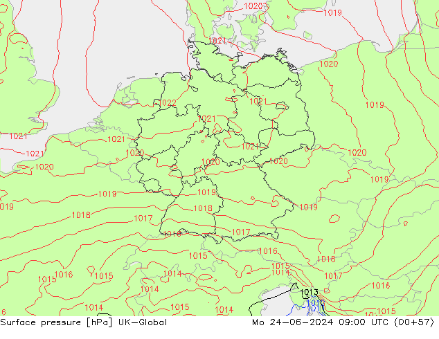 Surface pressure UK-Global Mo 24.06.2024 09 UTC