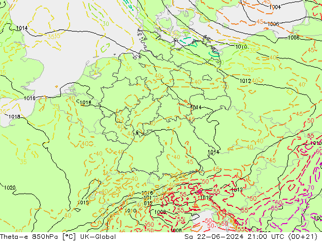 Theta-e 850hPa UK-Global za 22.06.2024 21 UTC