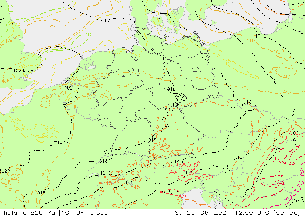 Theta-e 850hPa UK-Global Ne 23.06.2024 12 UTC
